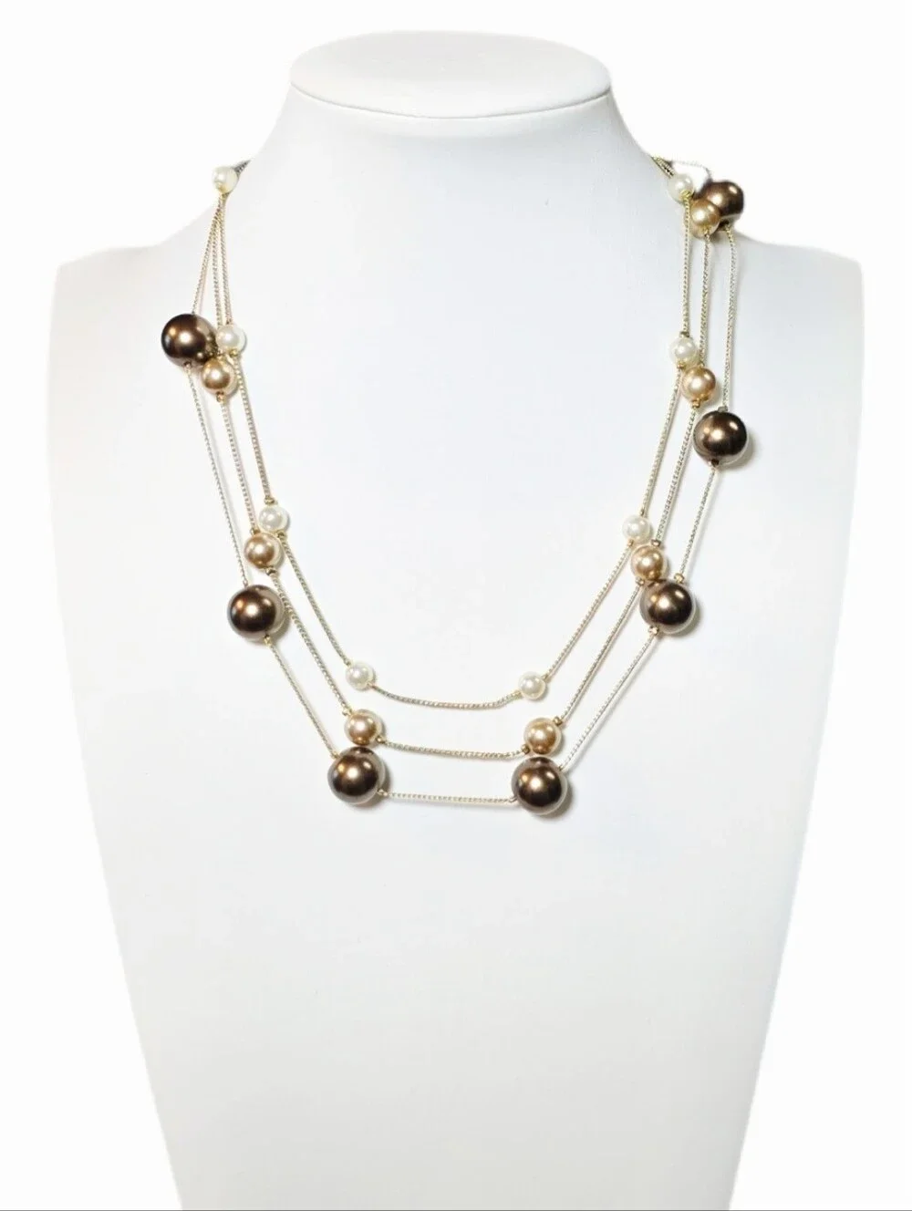 Brown, Gold & Cream Beaded Triple-Strand Gold-Tone Necklace
